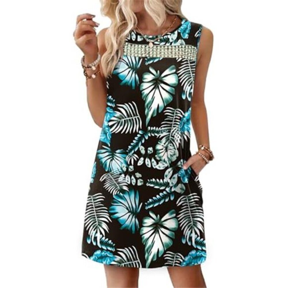 Casual T-Shirt Dress V-Neck Short Sleeve Colorful Floral Dress with Pockets